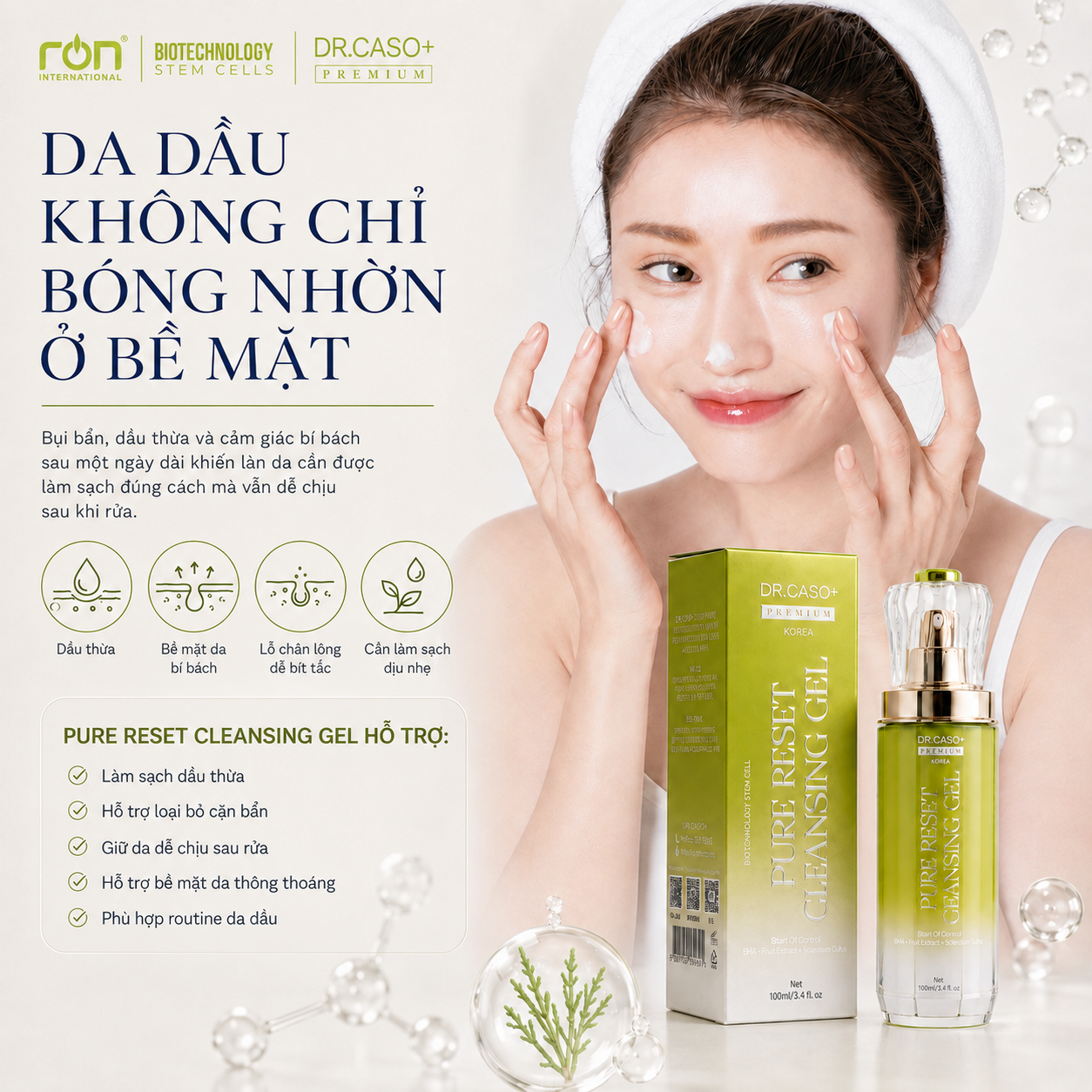 DR.CASO+ PREMIUM PURE RESET CLEANSING GEL/Gel Làm Sạch Dịu Nhẹ BHA &amp; Chiết Xuất Thiên Nhiên Cho Da Dầu – Hỗn Hợp